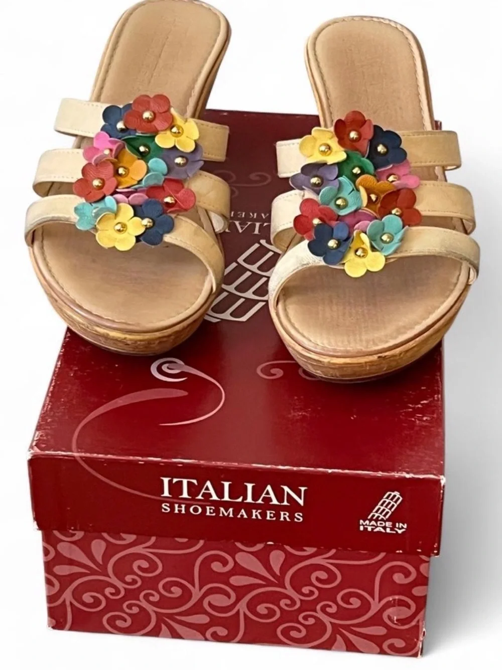 Italian Shoemakers Beige Leather Slide Sandals with Multicolor Floral Accents